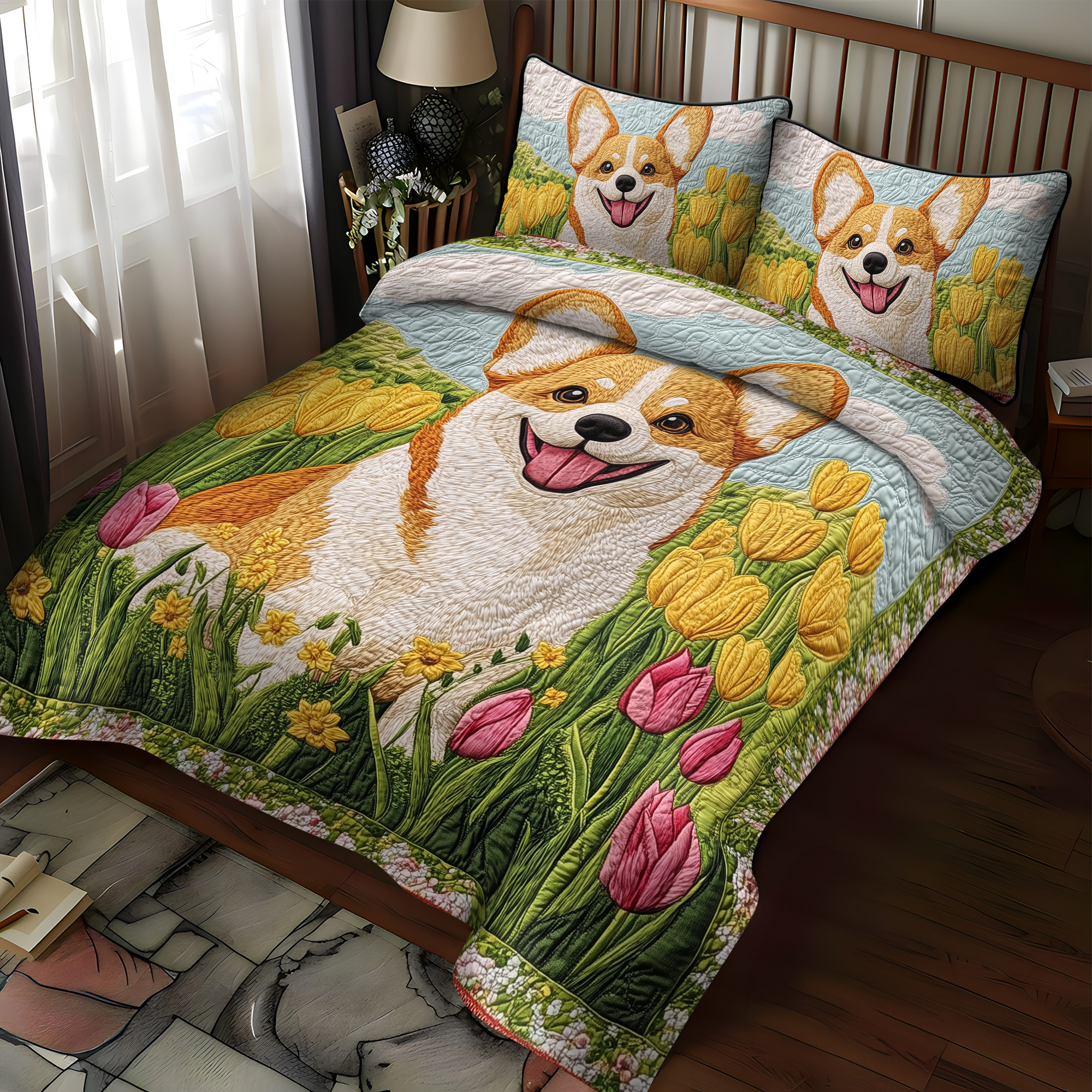 Tulip Bliss with Corgi 3-Piece Quilted Bedding Set NCU0DK1605