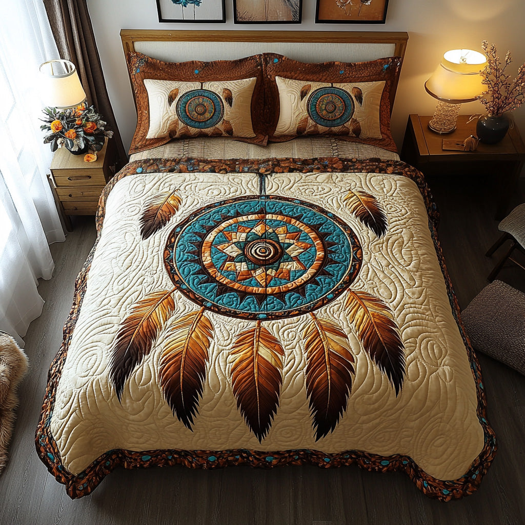Turquoise Feather Circle 3-Piece Quilted Bedding Set NCU0LDH862