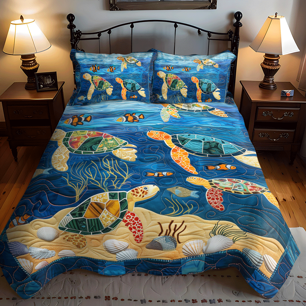 Turtle Coral Fest 3-Piece Quilted Bedding Set NCU0TH1356