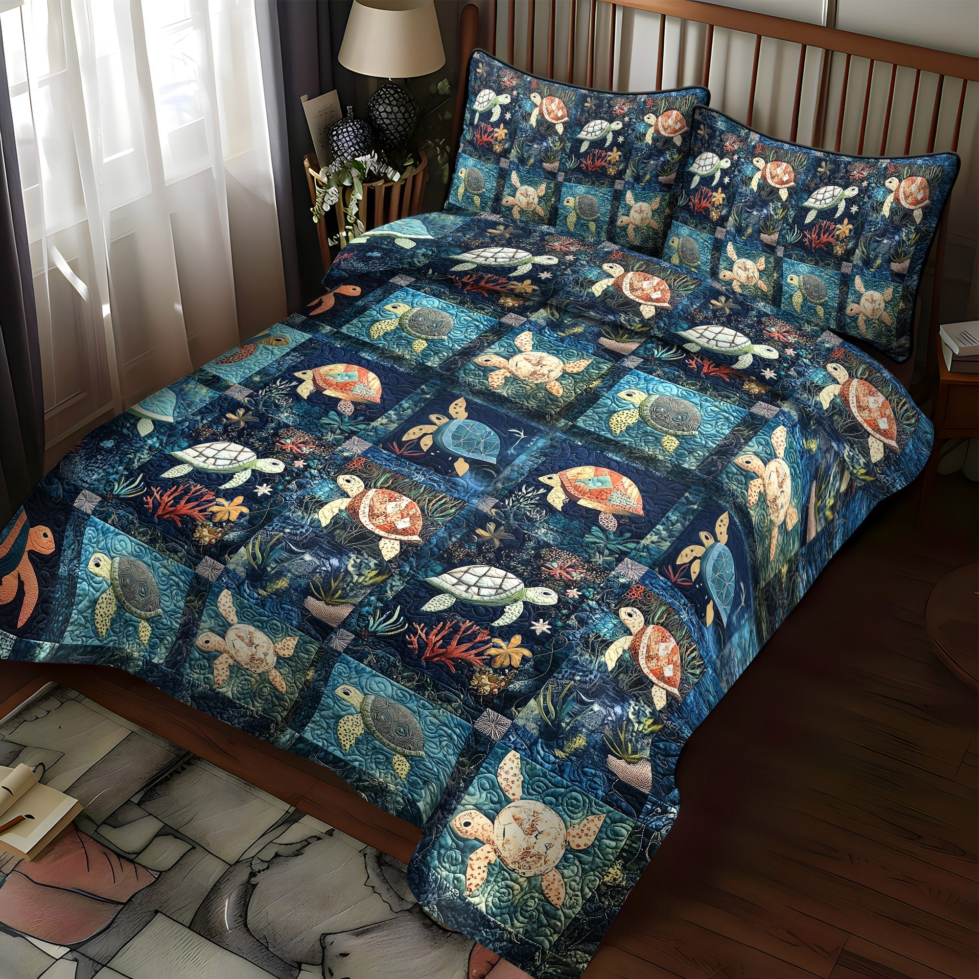 Underwater Turtle Bliss 3-Piece Quilted Bedding Set NCU0PT1862