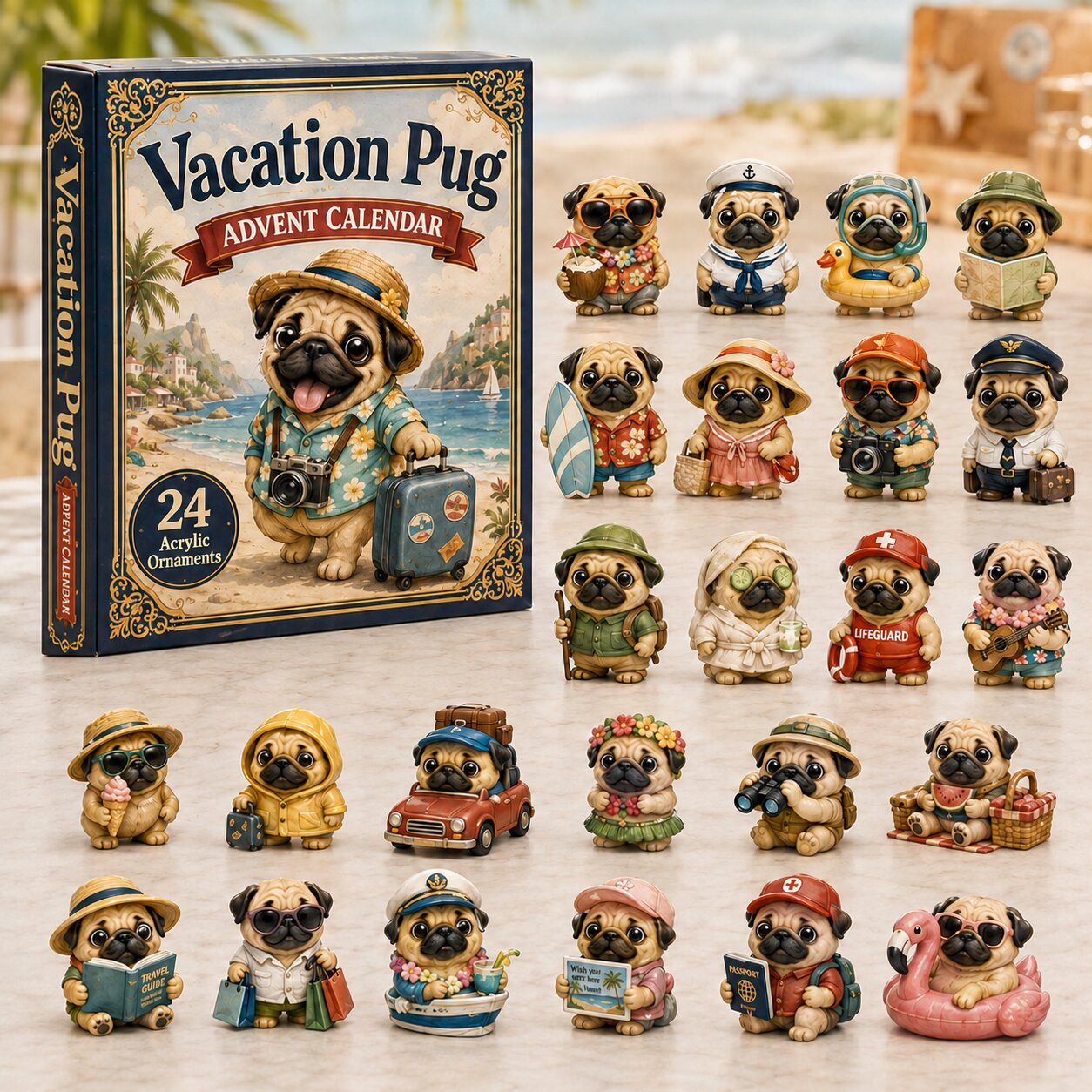 CHRISTMAS KICKOFF 40% OFF - Vacation Pug Advent Calendar 2026 - 24-Day Festive Countdown, Acrylic Charms Blind Box - Gift For Dog Lovers