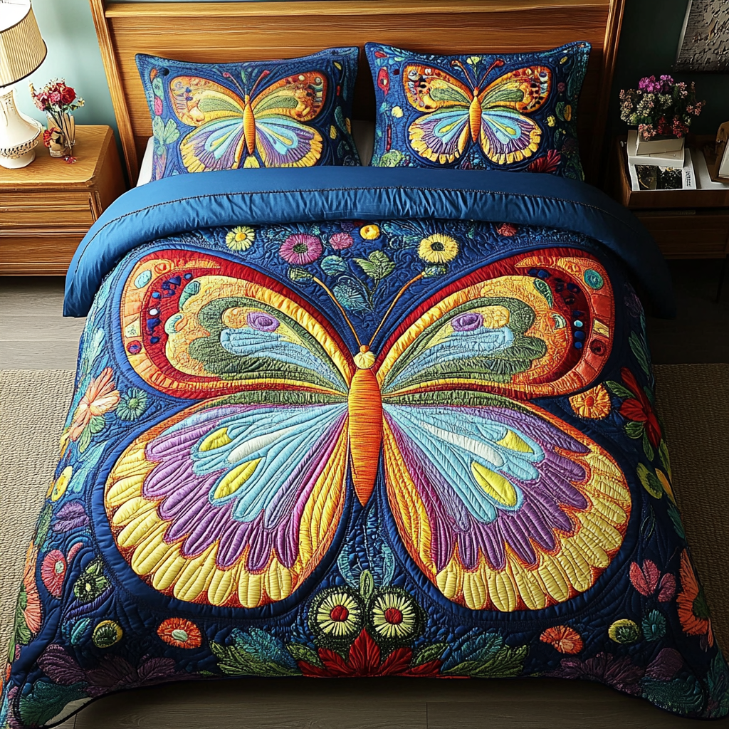 Vibrant Butterfly Dreams 3-Piece Quilted Bedding Set NCU0PVL032