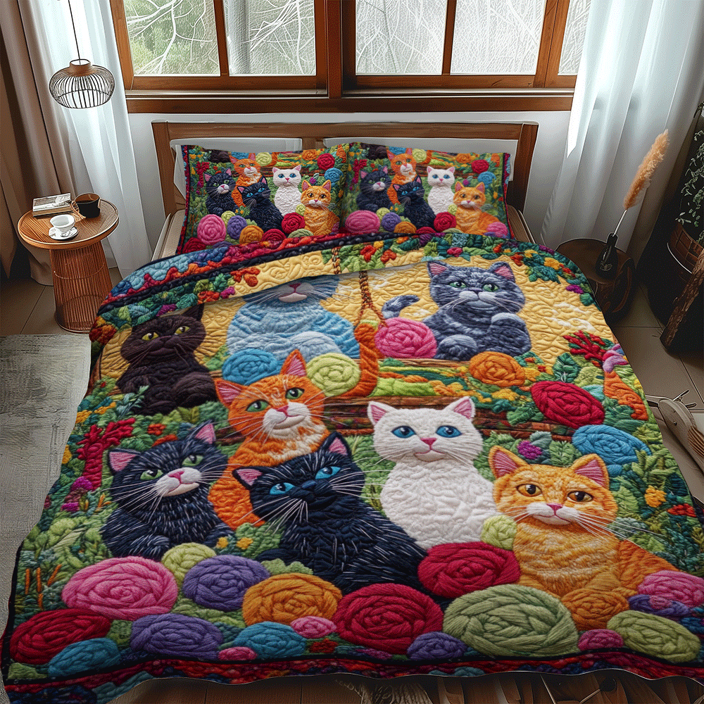 Vibrant Cats And Yarn 3-Piece Quilted Bedding Set NCU0PD626
