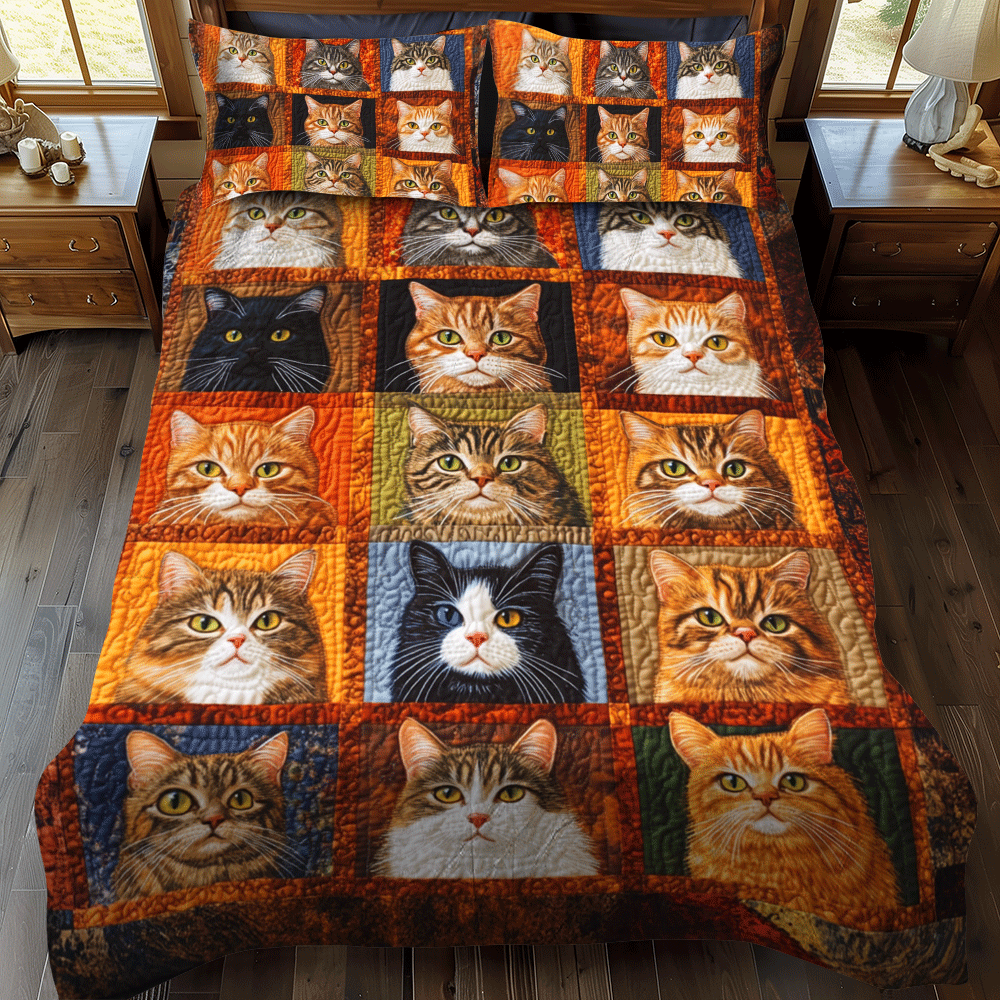 Whimsical Cat Patterned 3-Piece Quilted Bedding Set NCU0PD621