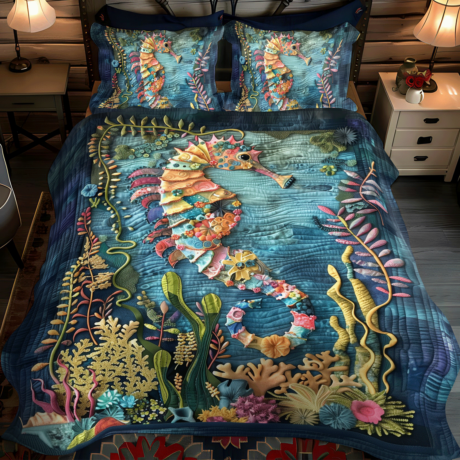 Whimsical Seahorse 3-Piece Quilted Bedding Set NCU0TH1267