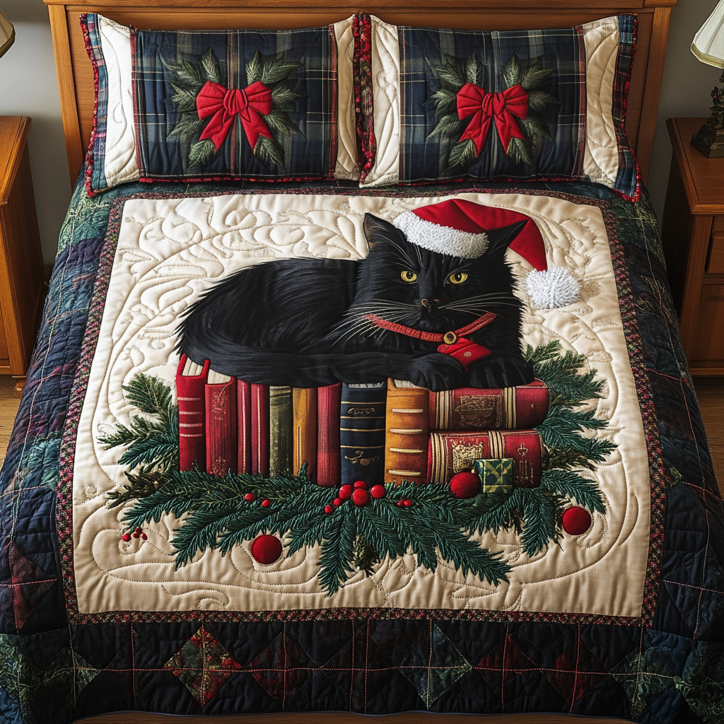 Whiskered Winter Reads 3-Piece Quilted Bedding Set NCU0TL2101