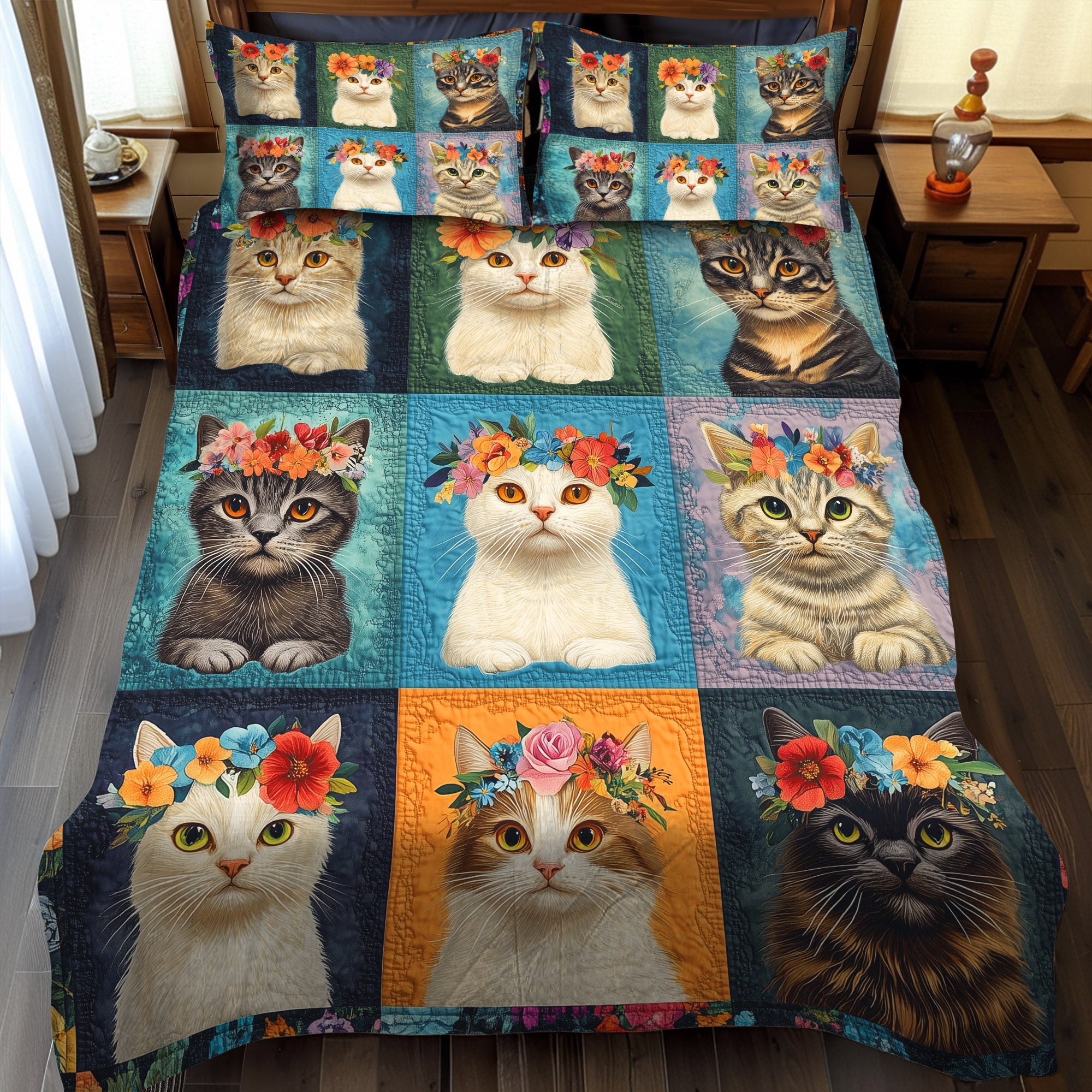 Whiskers and Flowers 3-Piece Quilted Bedding Set NCU0TL1195