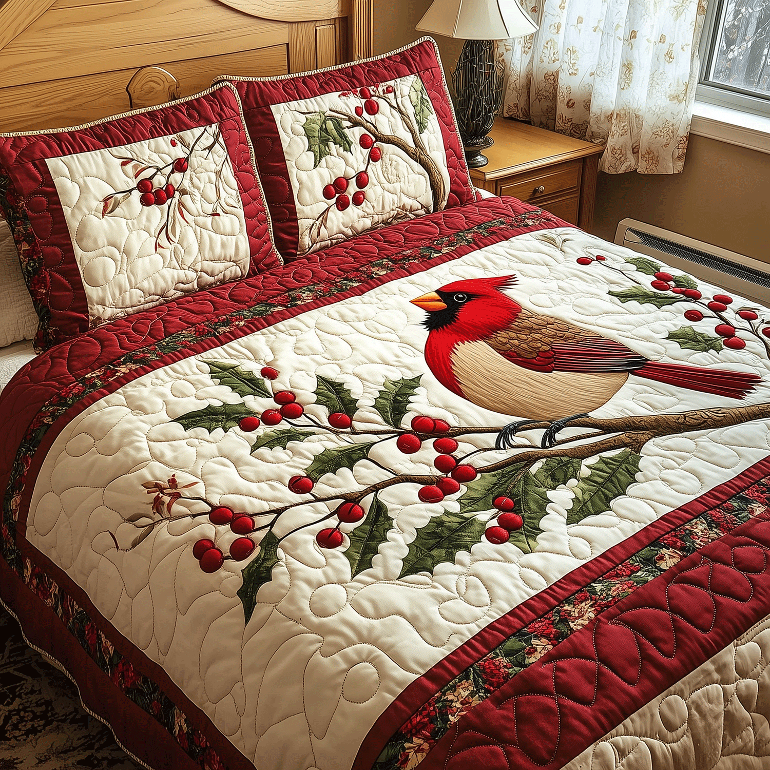 Winter Cardinal Bliss 3-Piece Quilted Bedding Set NCU0TH2080