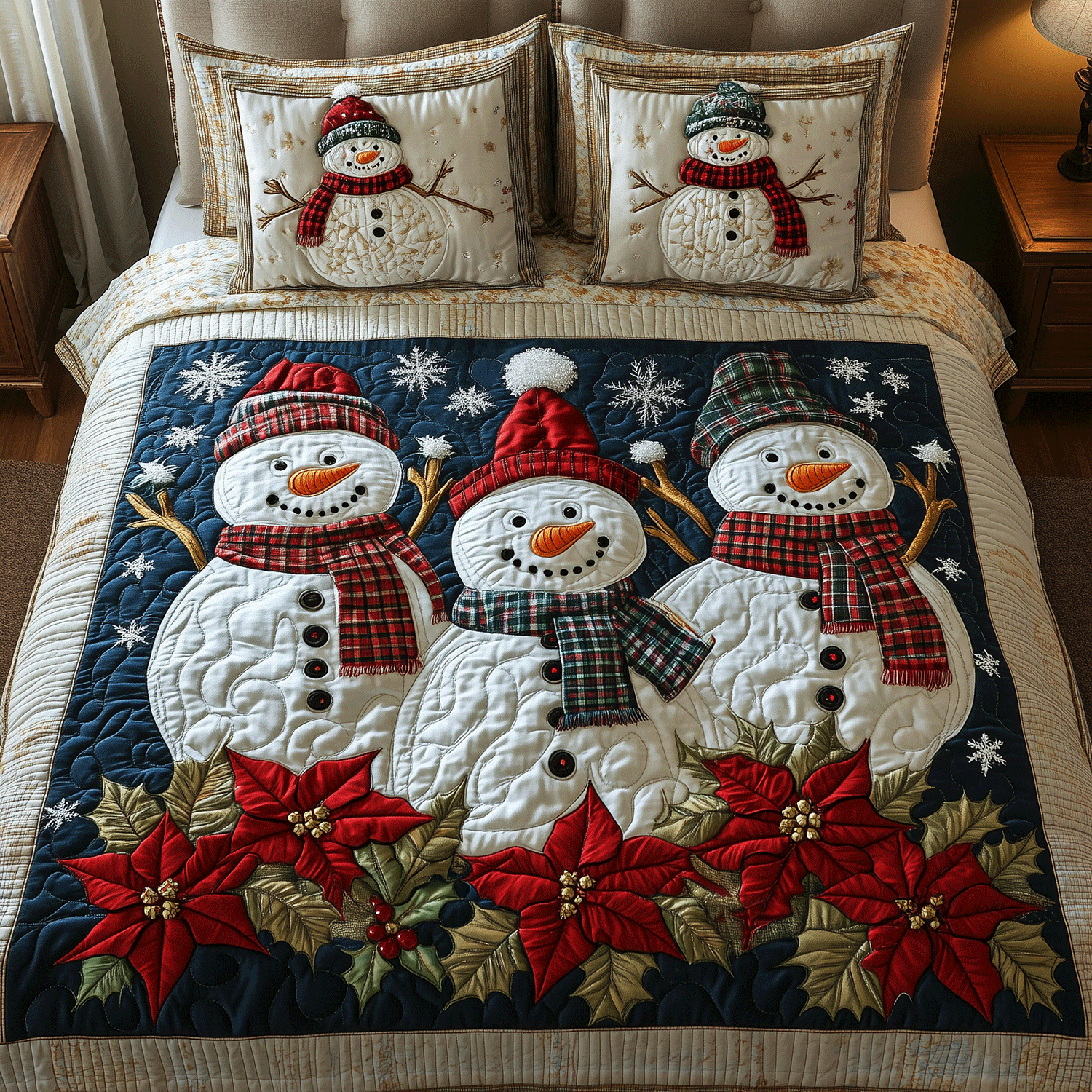 Wintery Snowman Cheer 3-Piece Quilted Bedding Set NCU0TH2136