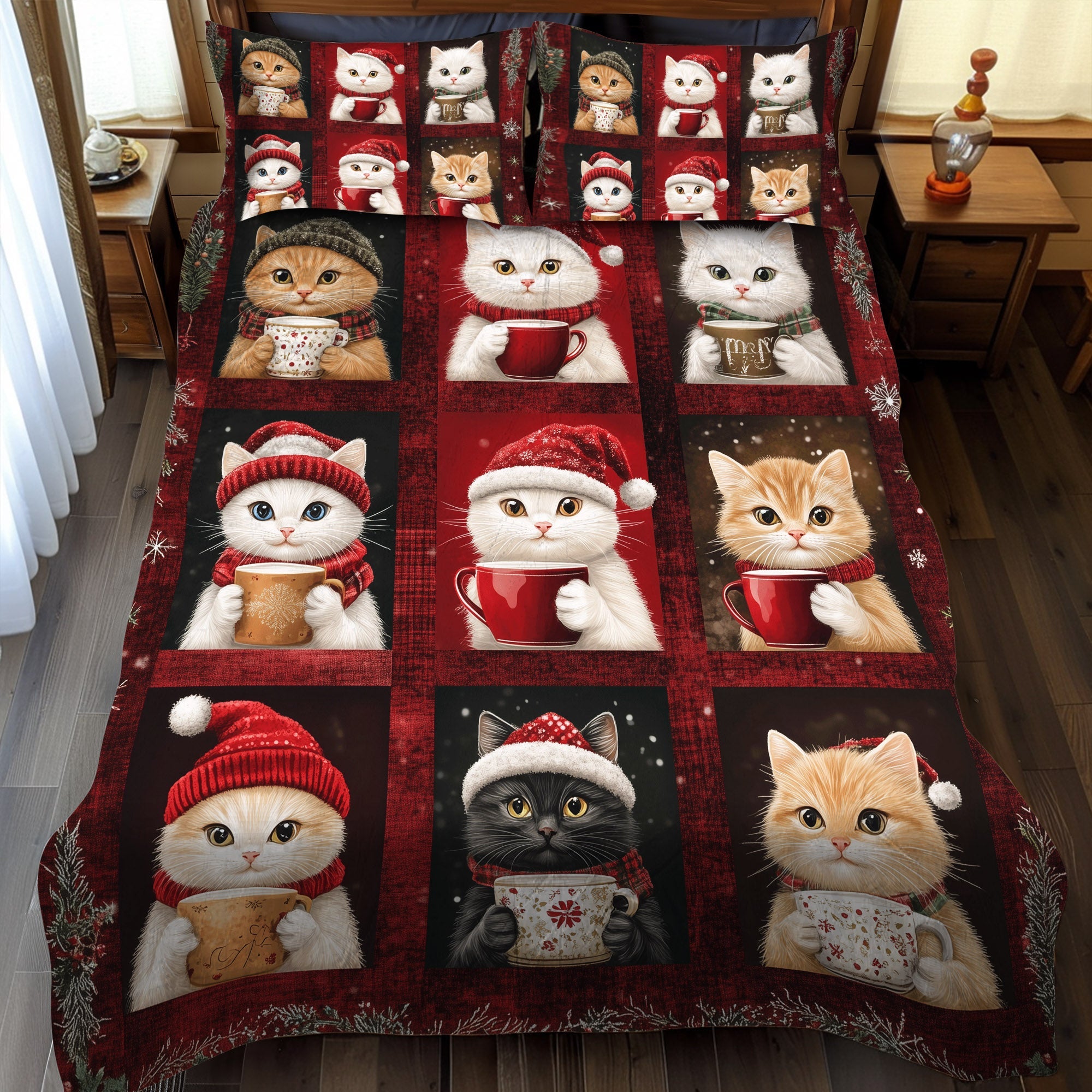 Yuletide Cats 3-Piece Quilted Bedding Set NCU0TL1186
