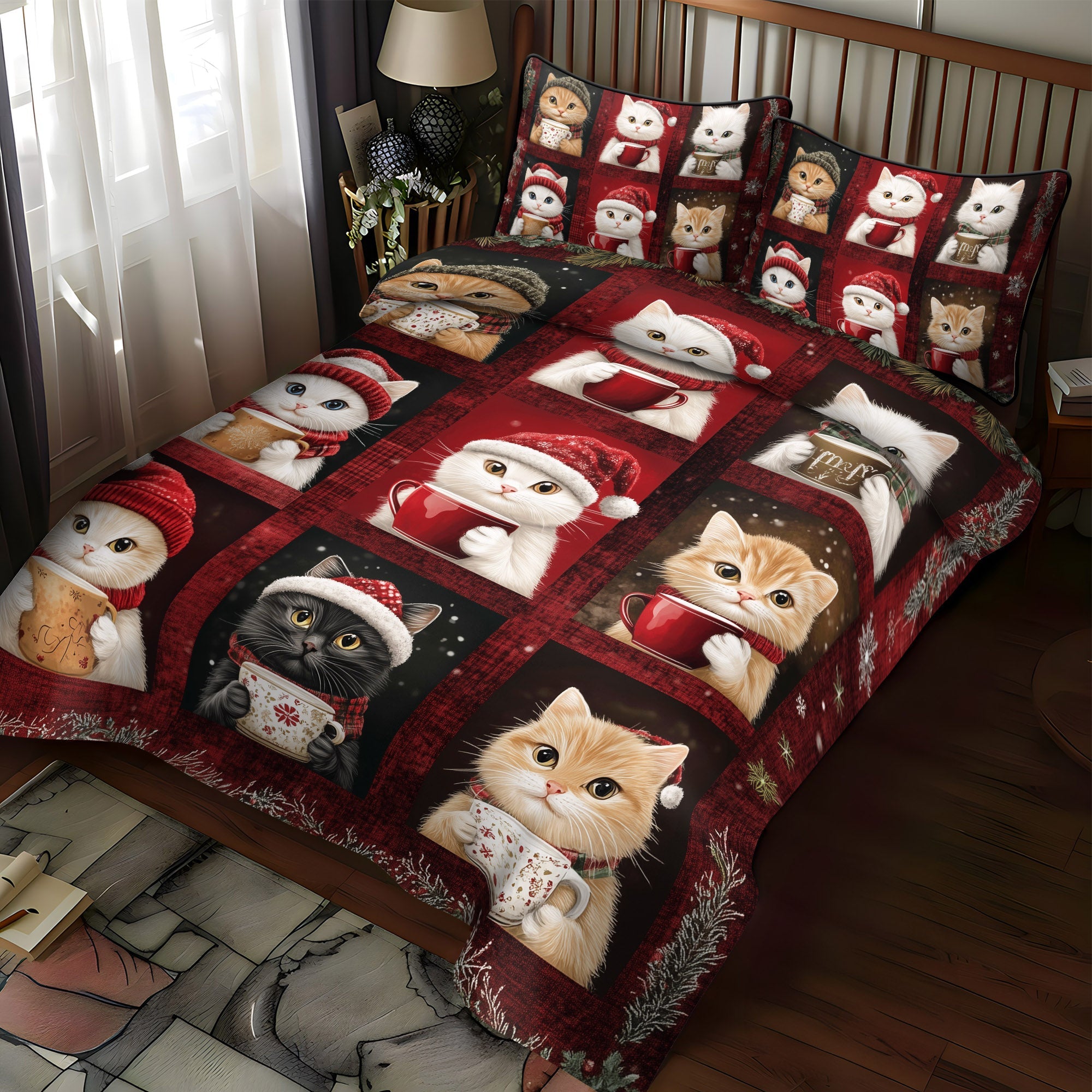 Yuletide Cats 3-Piece Quilted Bedding Set NCU0TL1186