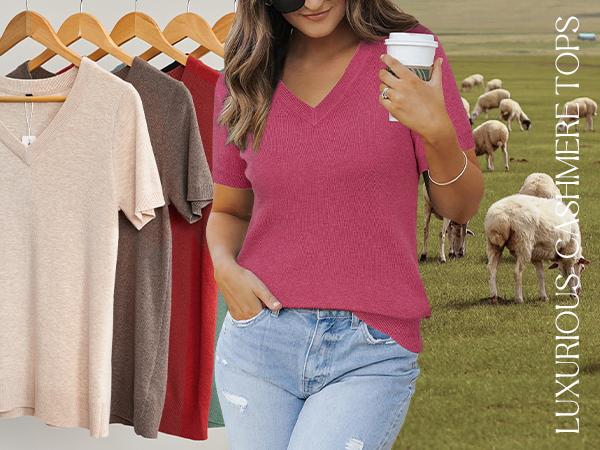 Arach&Cloz 2025 Womens Wool Blend Sweater Soft V Neck Short Sleeve Spring Fashion Pullover Tops Business Casual Outfits