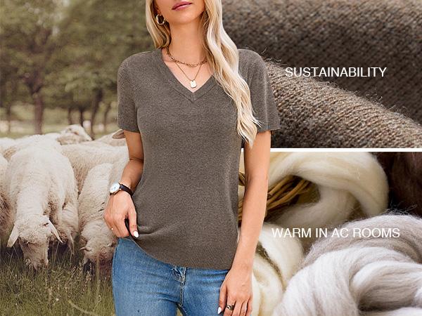 Arach&Cloz 2025 Womens Wool Blend Sweater Soft V Neck Short Sleeve Spring Fashion Pullover Tops Business Casual Outfits