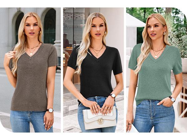 Arach&Cloz 2025 Womens Wool Blend Sweater Soft V Neck Short Sleeve Spring Fashion Pullover Tops Business Casual Outfits