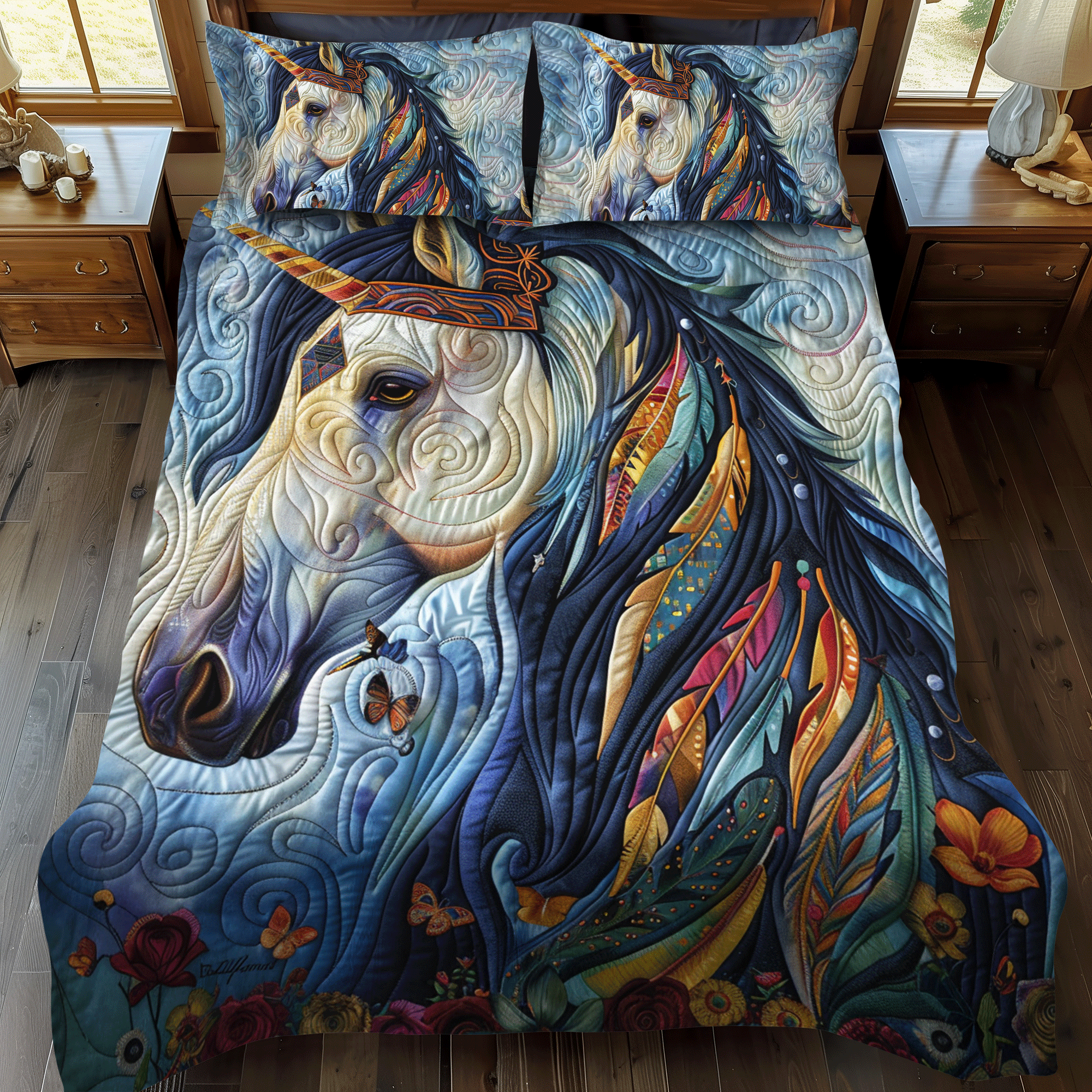 Vibrant Blue Horse 3-Piece Quilted Bedding Set NCU0PD343