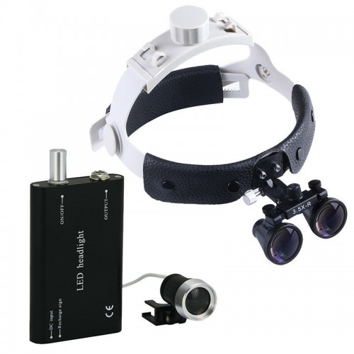 3.5X420mm Dental Surgical Binocular Leather Headband Loupe with LED Headlight Black image 1