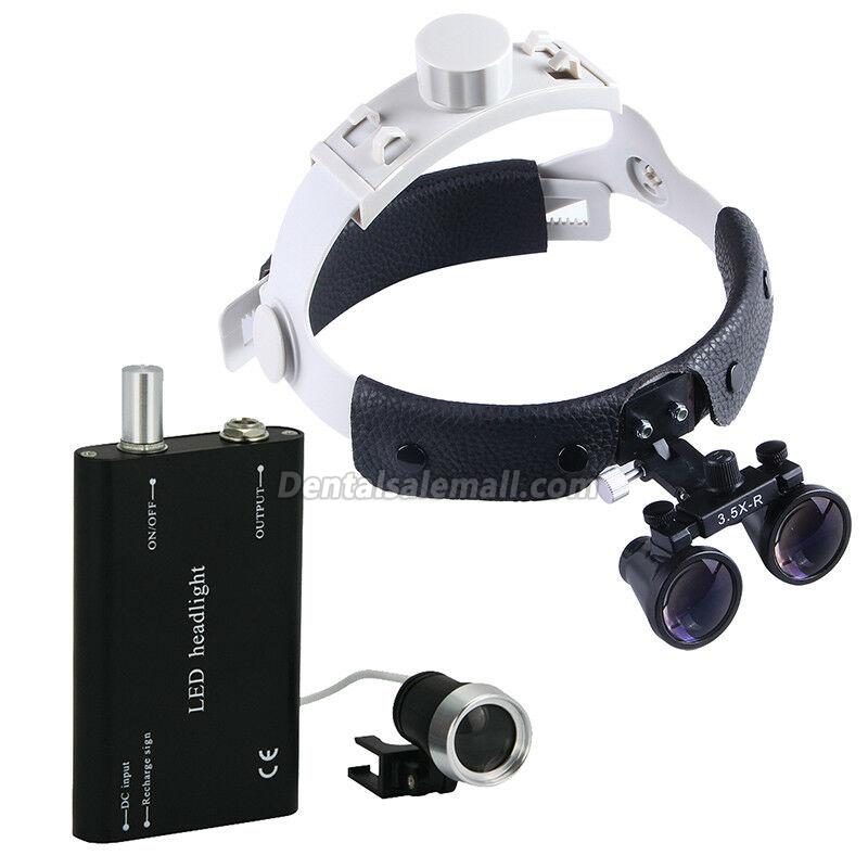 3.5X420mm Dental Surgical Binocular Leather Headband Loupe with LED Headlight Black image 2
