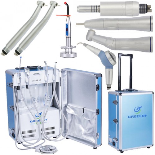 GREELOY® GU-P204 Portable Unit with Tubine Handpiece, Low-Speed Handpiece Kit, Curing Light, and Air Polisher image 1