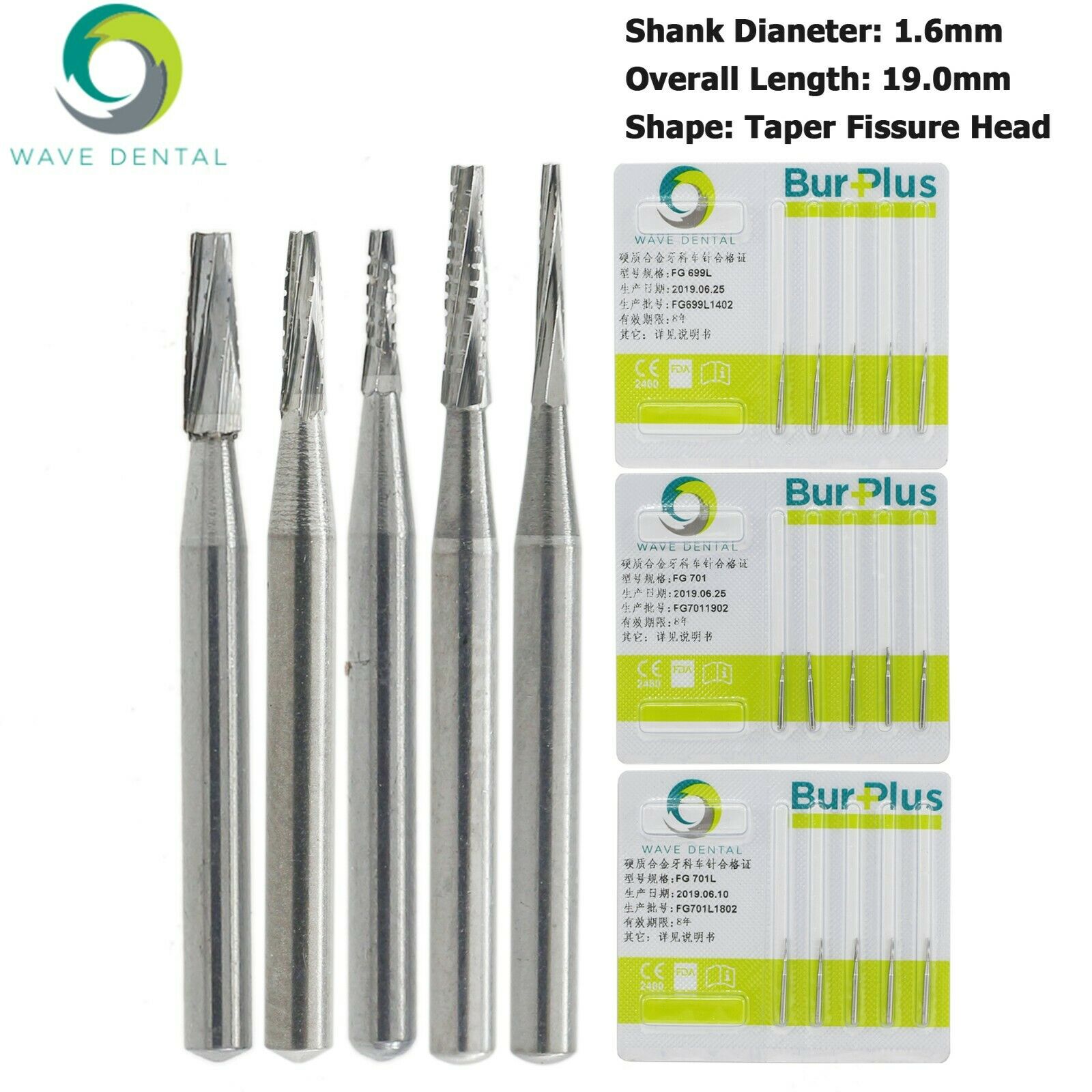 5-Pack/ 25-Piece Wave Dental Tungsten Carbide Bur Taper Fissure Long Head FG 699 701 701L image 2