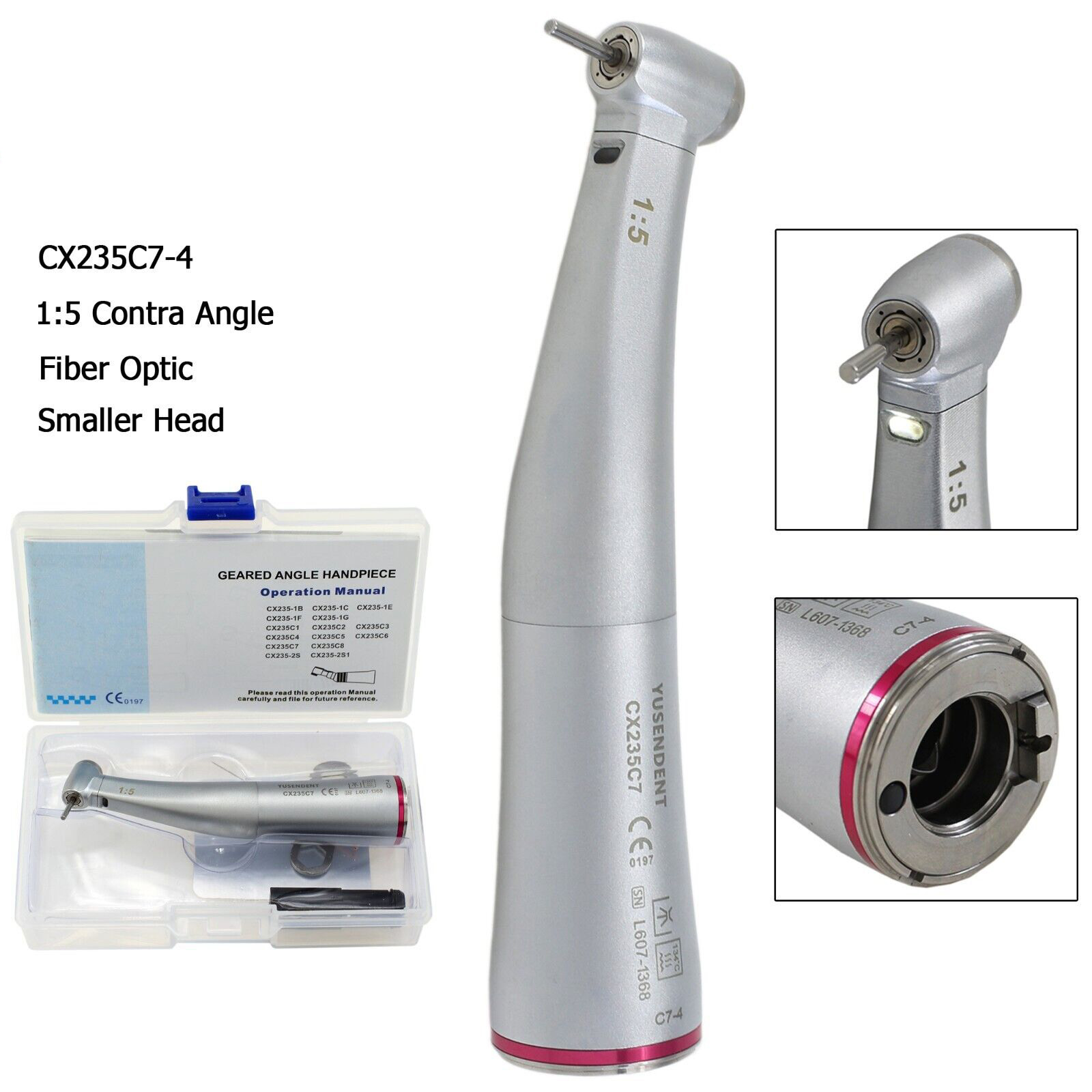 YUSENDNET COXO Professional Dental 1:5 Mini Head Fiber-Optic Contra-Angle Handpiece Inner Channel Push Button CX235C7-4 image 2