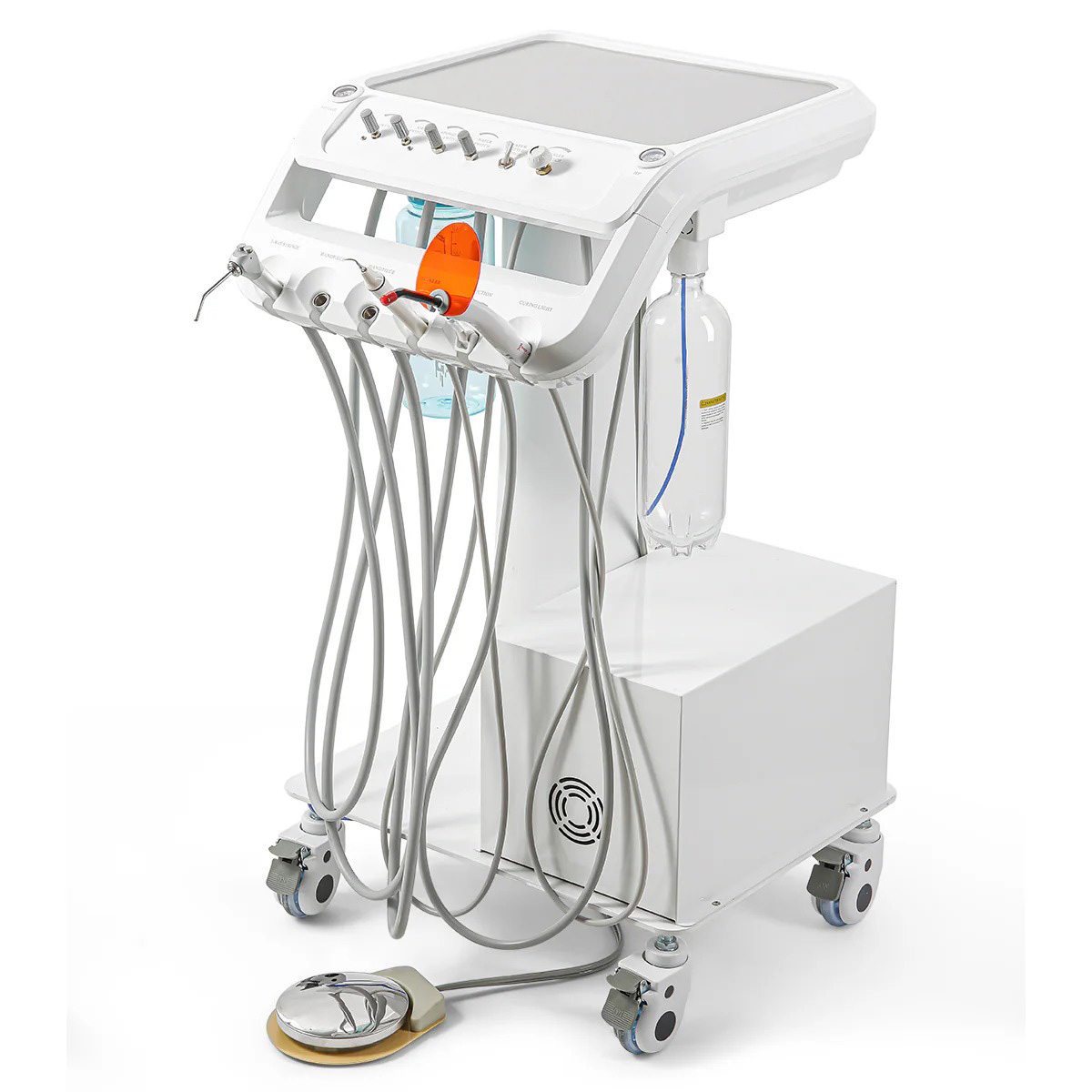 B033 Portable Professional Dental Delivery Unit Mobile Trolley Cart with Air Compressor, Scaler Handpiece & Curing Light image 2