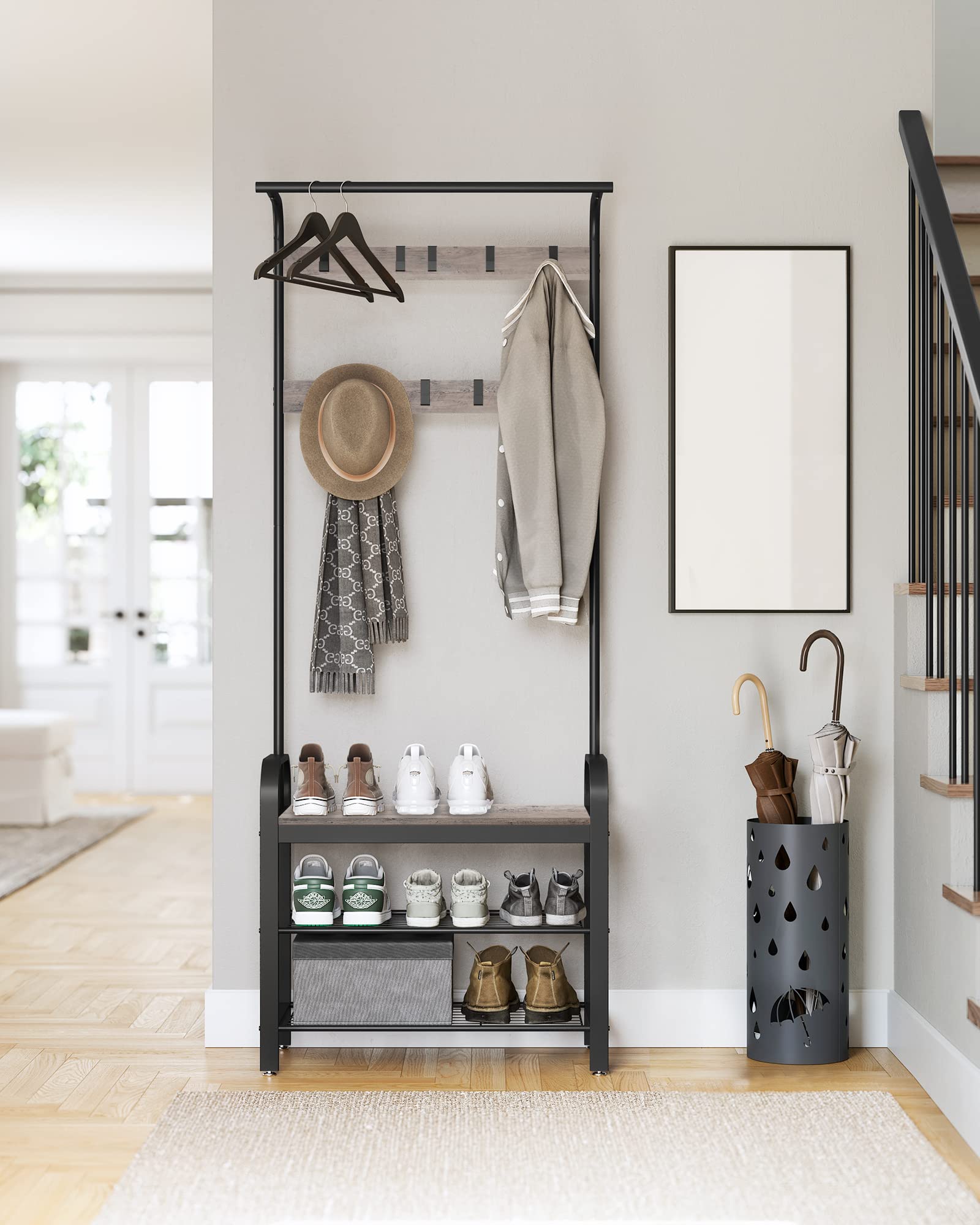 Coat Rack, Hall Tree with Shoe Bench