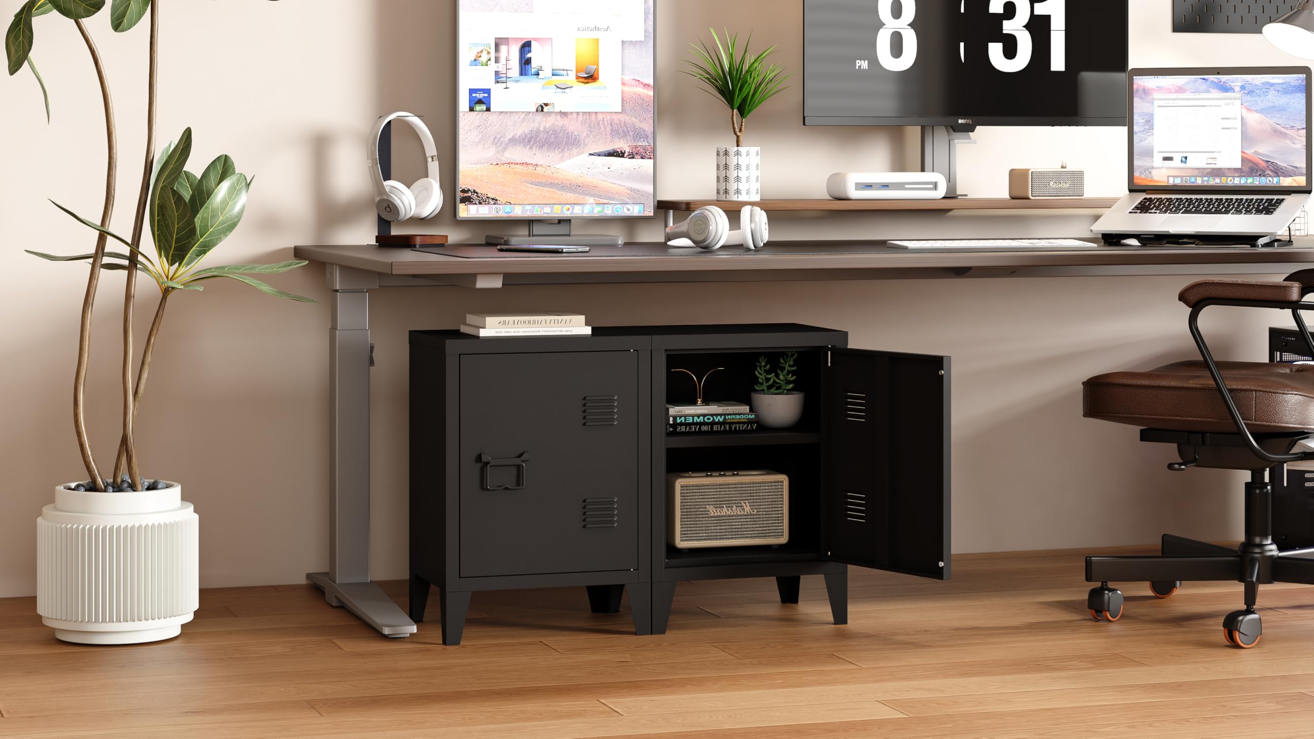 Metal Locker Nightstand with Doors and Shelves
