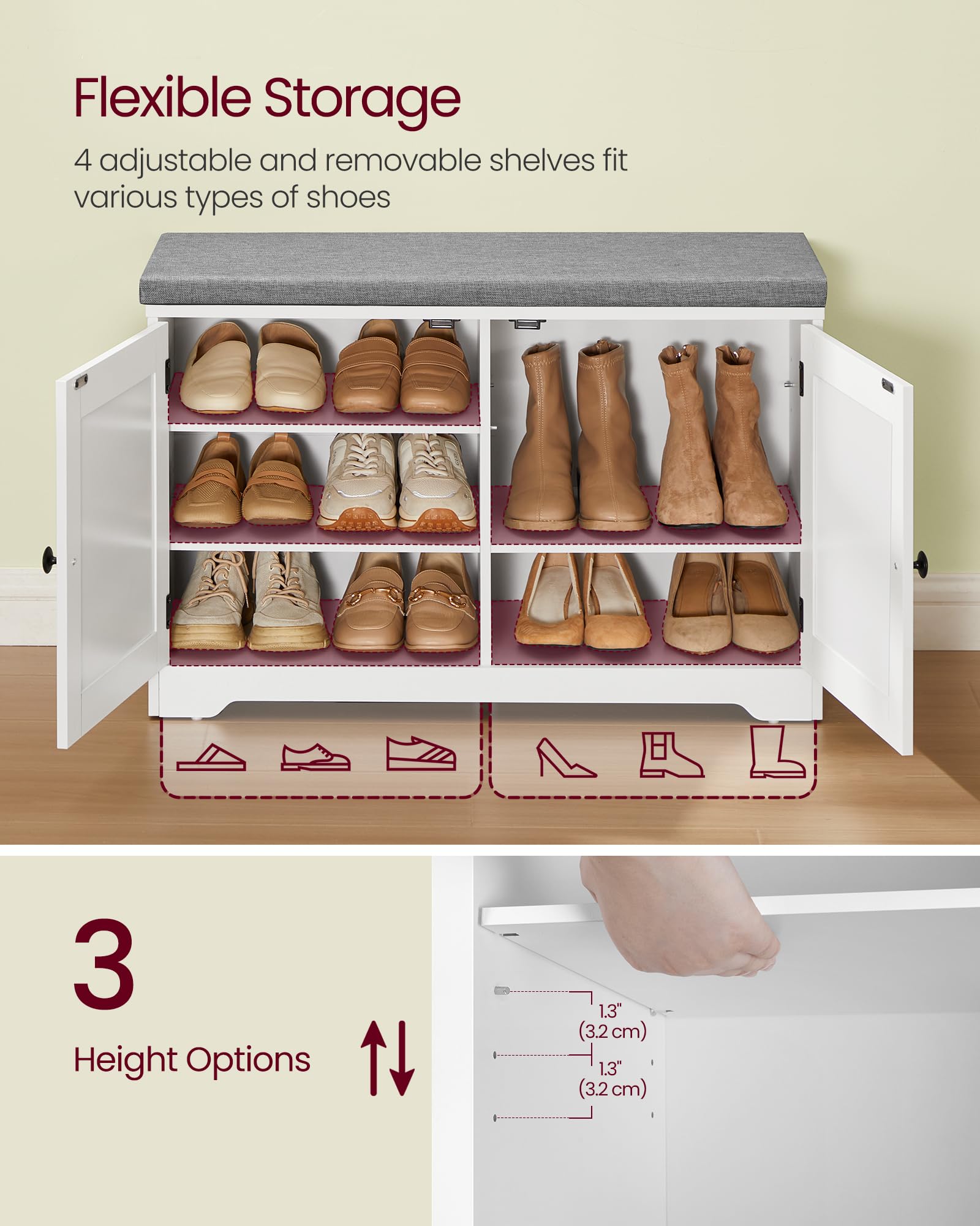 3-Tier Shoe Storage Bench with Cushion
