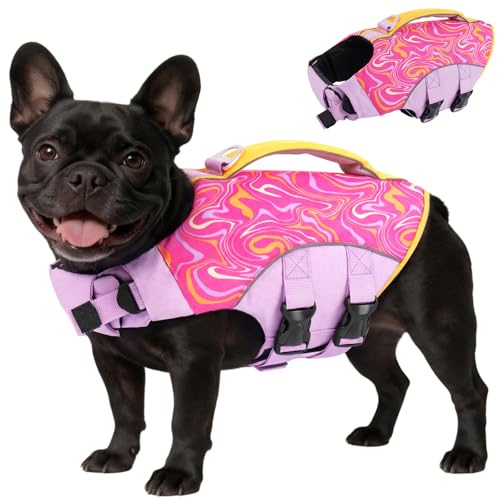 BRKURLEG Dog Life Jacket, High Buoyancy Dog Life Vest for Swimming Boating, Adjustable Reflective Pet Flotation Vest with Rescue Handle, Small Medium Large Dogs Lifesaver for Pool Beach, Purple XS