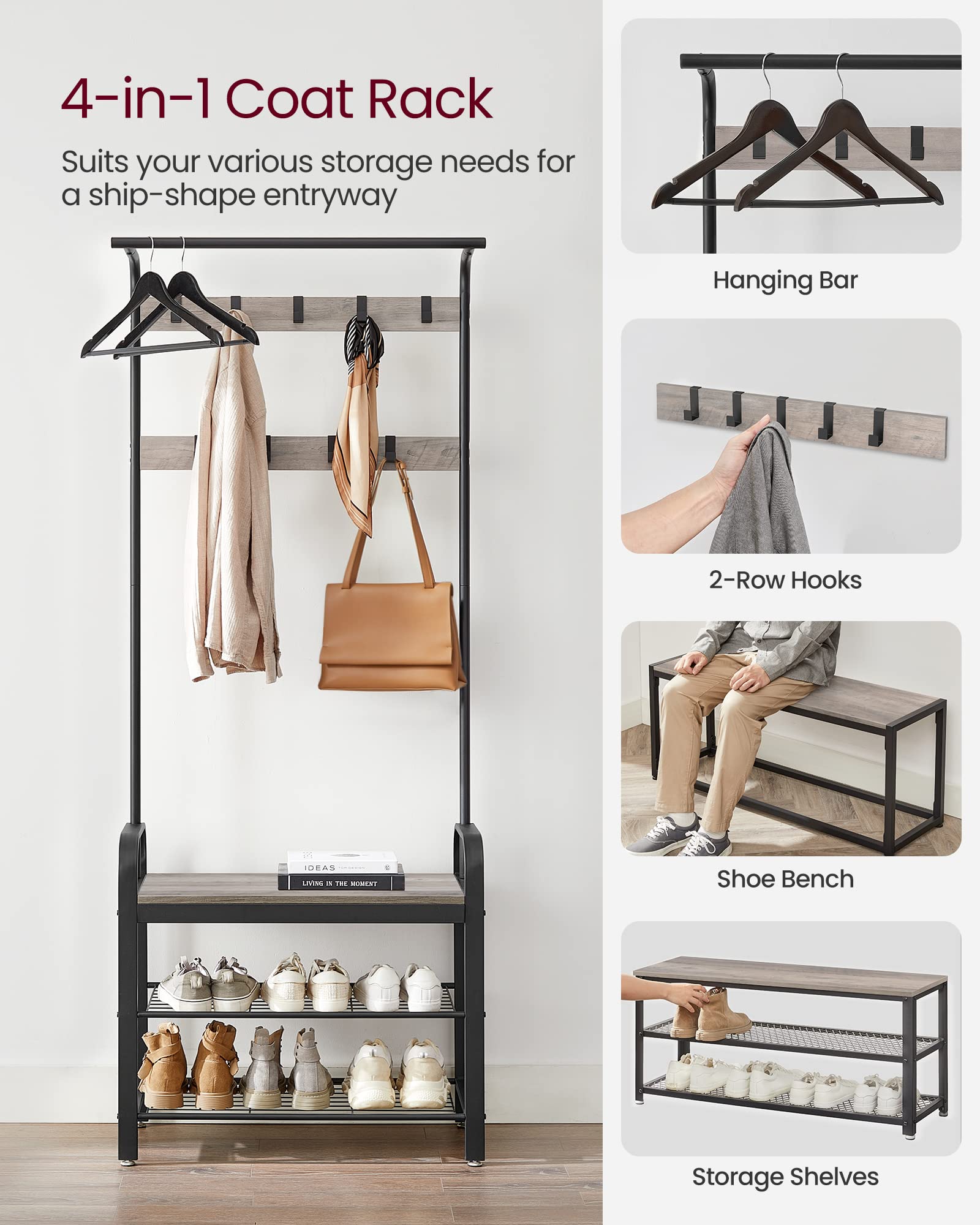 Coat Rack, Hall Tree with Shoe Bench