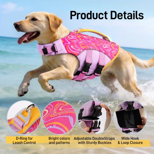 BRKURLEG Dog Life Jacket, High Buoyancy Dog Life Vest for Swimming Boating, Adjustable Reflective Pet Flotation Vest with Rescue Handle, Small Medium Large Dogs Lifesaver for Pool Beach, Purple XS