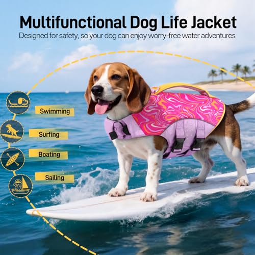 BRKURLEG Dog Life Jacket, High Buoyancy Dog Life Vest for Swimming Boating, Adjustable Reflective Pet Flotation Vest with Rescue Handle, Small Medium Large Dogs Lifesaver for Pool Beach, Purple XS