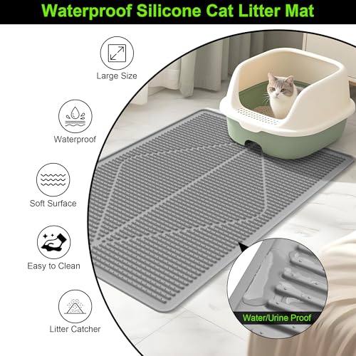 Mofason Rubber Large Cat Litter Mat, Grey Silicone Kitty Cat Litter Box Mat
