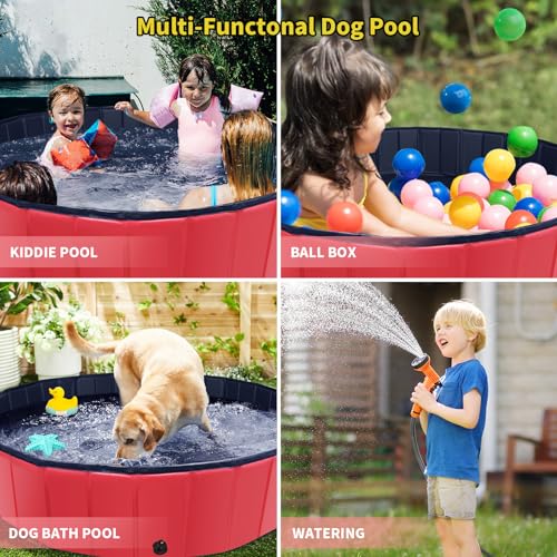 CACSPS Foldable Dog Pool, 47" x 12" Kiddie Pool with Hard Plastic, Non-Slip Dog Bath Tub for Outdoor Backyard, Collapsible Dog Swimming Pool for Kids Dogs Pets (Red)