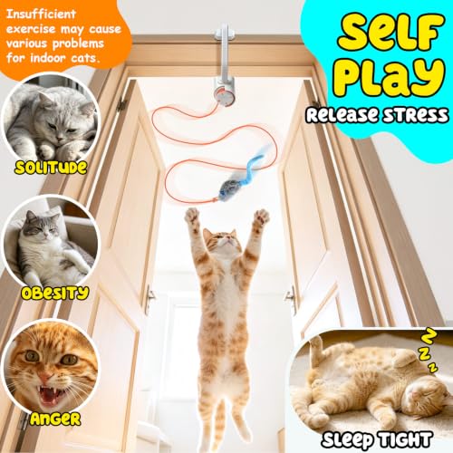 Interactive Cat Toy, Flapping Bird & Rotating Feather Teaser for Indoor Cats, Hanging Doorway Cat Toys with Fishing Pole for Exercise, Boredom Relief & Fun Games