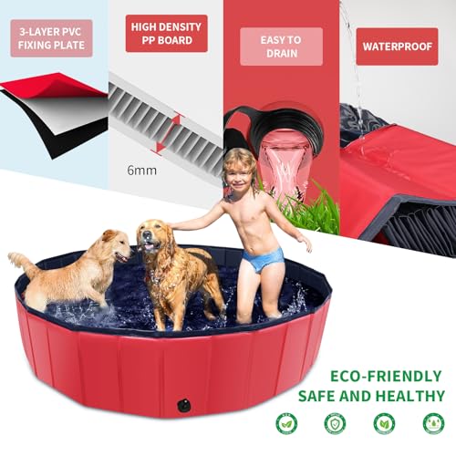CACSPS Foldable Dog Pool, 47" x 12" Kiddie Pool with Hard Plastic, Non-Slip Dog Bath Tub for Outdoor Backyard, Collapsible Dog Swimming Pool for Kids Dogs Pets (Red)