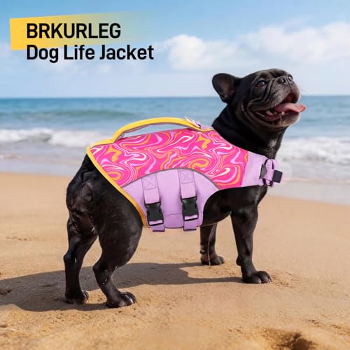 BRKURLEG Dog Life Jacket, High Buoyancy Dog Life Vest for Swimming Boating, Adjustable Reflective Pet Flotation Vest with Rescue Handle, Small Medium Large Dogs Lifesaver for Pool Beach, Purple XS