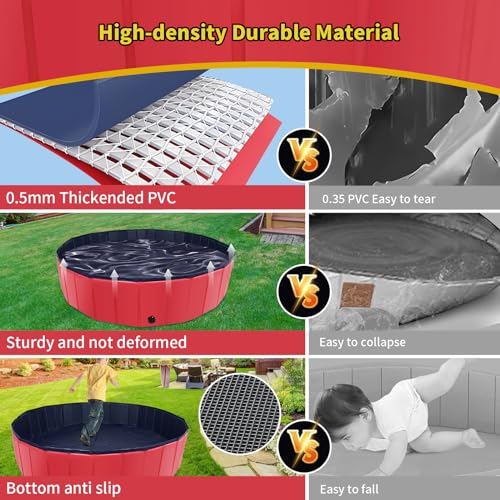 CACSPS Foldable Dog Pool, 47" x 12" Kiddie Pool with Hard Plastic, Non-Slip Dog Bath Tub for Outdoor Backyard, Collapsible Dog Swimming Pool for Kids Dogs Pets (Red)