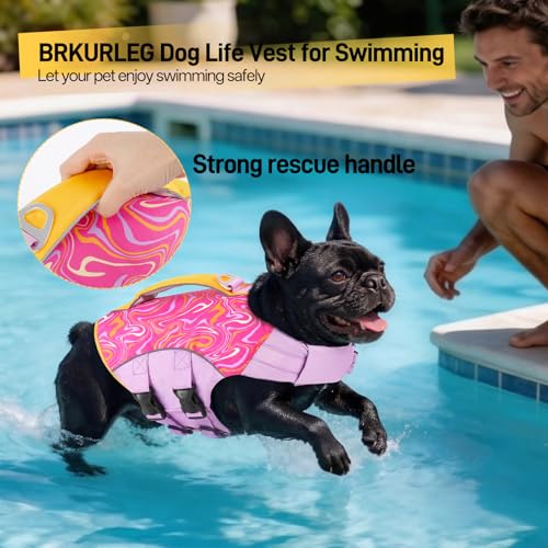 BRKURLEG Dog Life Jacket, High Buoyancy Dog Life Vest for Swimming Boating, Adjustable Reflective Pet Flotation Vest with Rescue Handle, Small Medium Large Dogs Lifesaver for Pool Beach, Purple XS