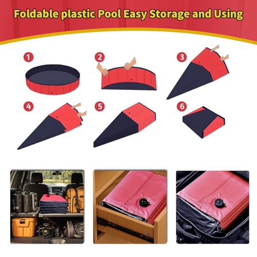 CACSPS Foldable Dog Pool, 47" x 12" Kiddie Pool with Hard Plastic, Non-Slip Dog Bath Tub for Outdoor Backyard, Collapsible Dog Swimming Pool for Kids Dogs Pets (Red)