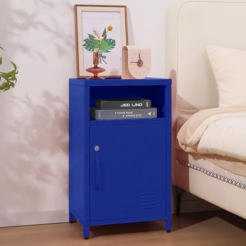 Metal Locker Nightstand with Doors and Shelves