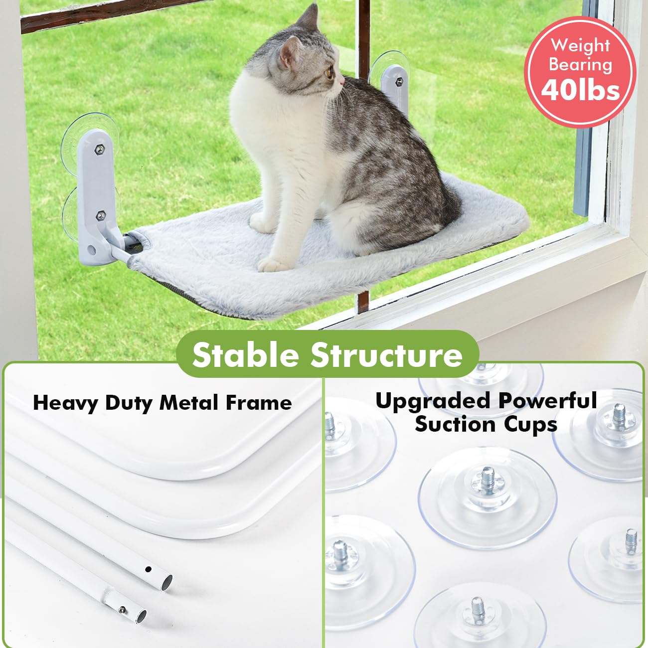 Zoratoo 2PC Cat Window Perch, Foldable & Cordless with Metal Frame, M Gray