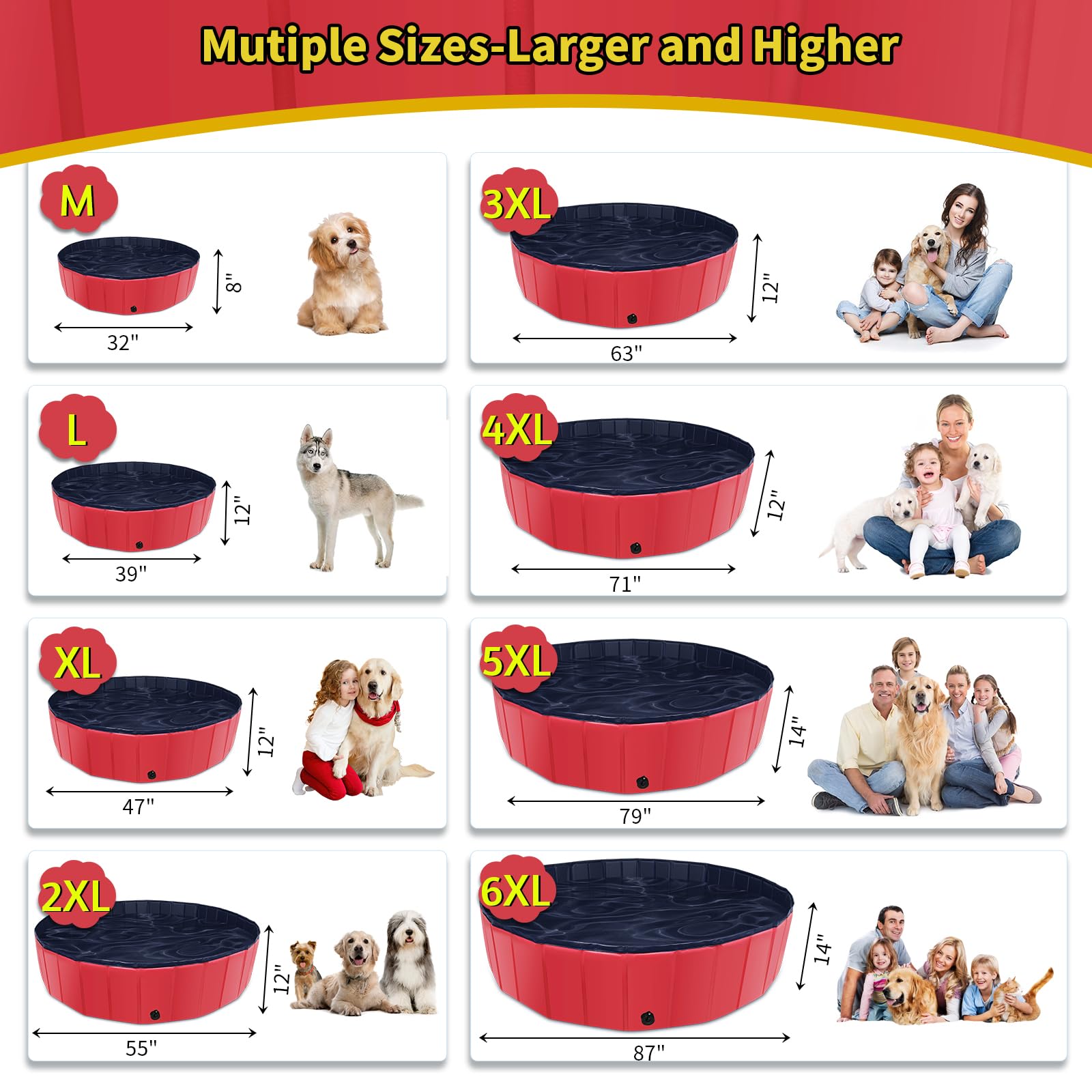 CACSPS Foldable Dog Pool, 47" x 12" Kiddie Pool with Hard Plastic, Non-Slip Dog Bath Tub for Outdoor Backyard, Collapsible Dog Swimming Pool for Kids Dogs Pets (Red)