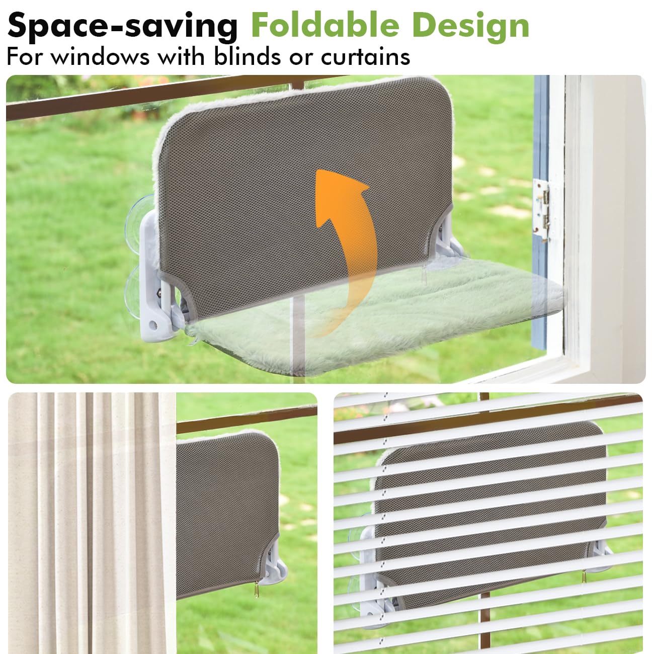 Zoratoo 2PC Cat Window Perch, Foldable & Cordless with Metal Frame, M Gray
