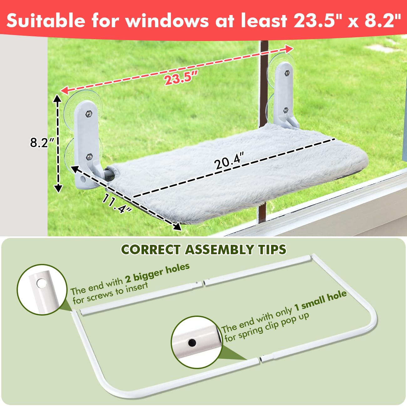 Zoratoo 2PC Cat Window Perch, Foldable & Cordless with Metal Frame, M Gray