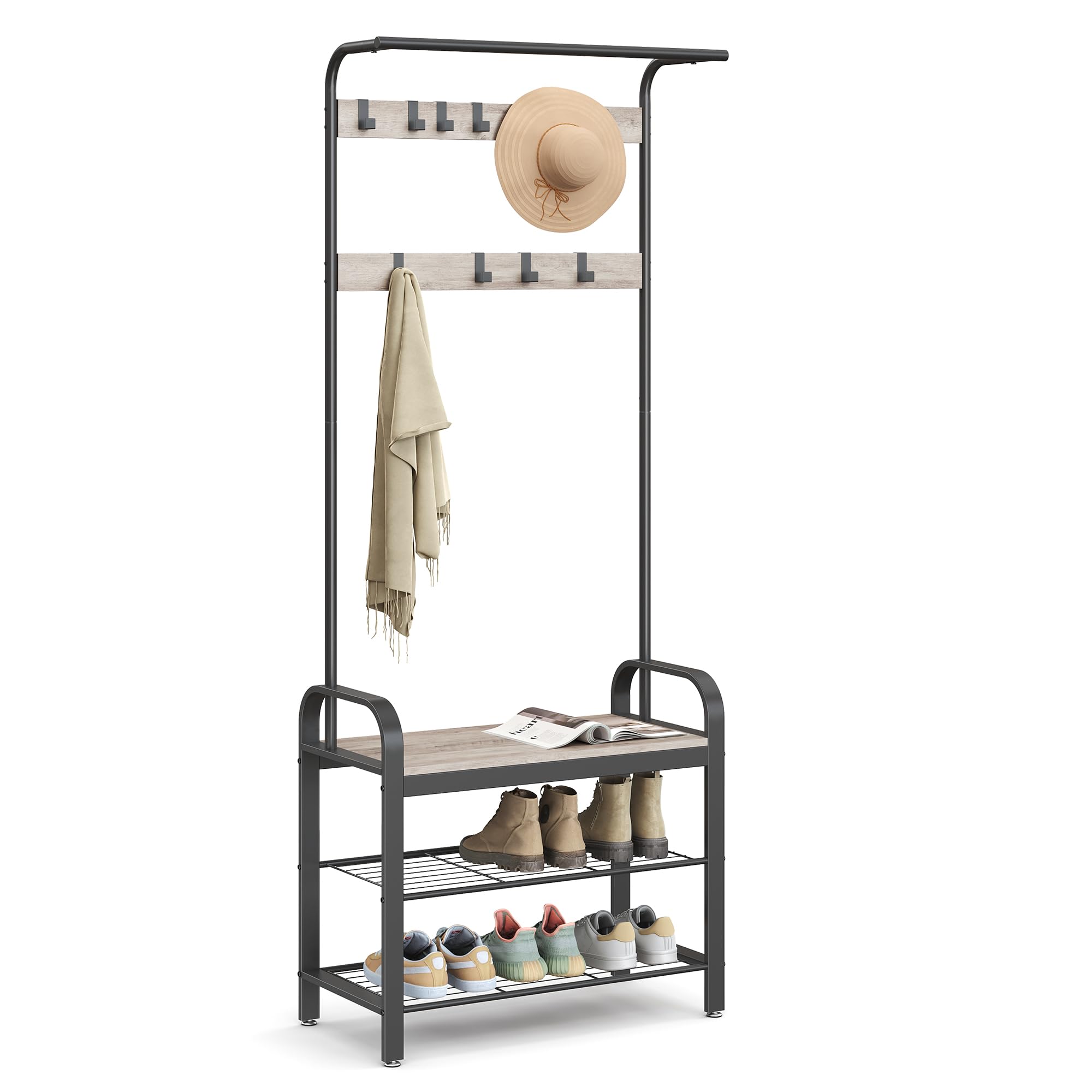 Coat Rack, Hall Tree with Shoe Bench