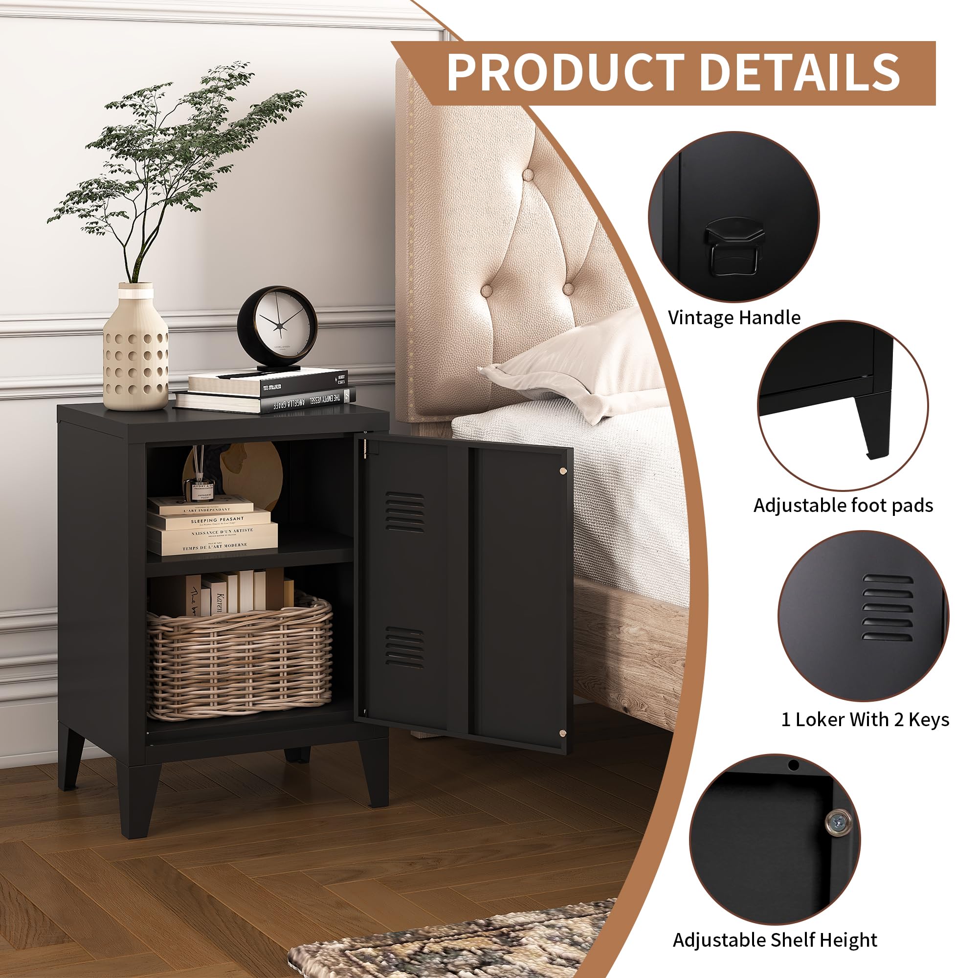 Metal Locker Nightstand with Doors and Shelves
