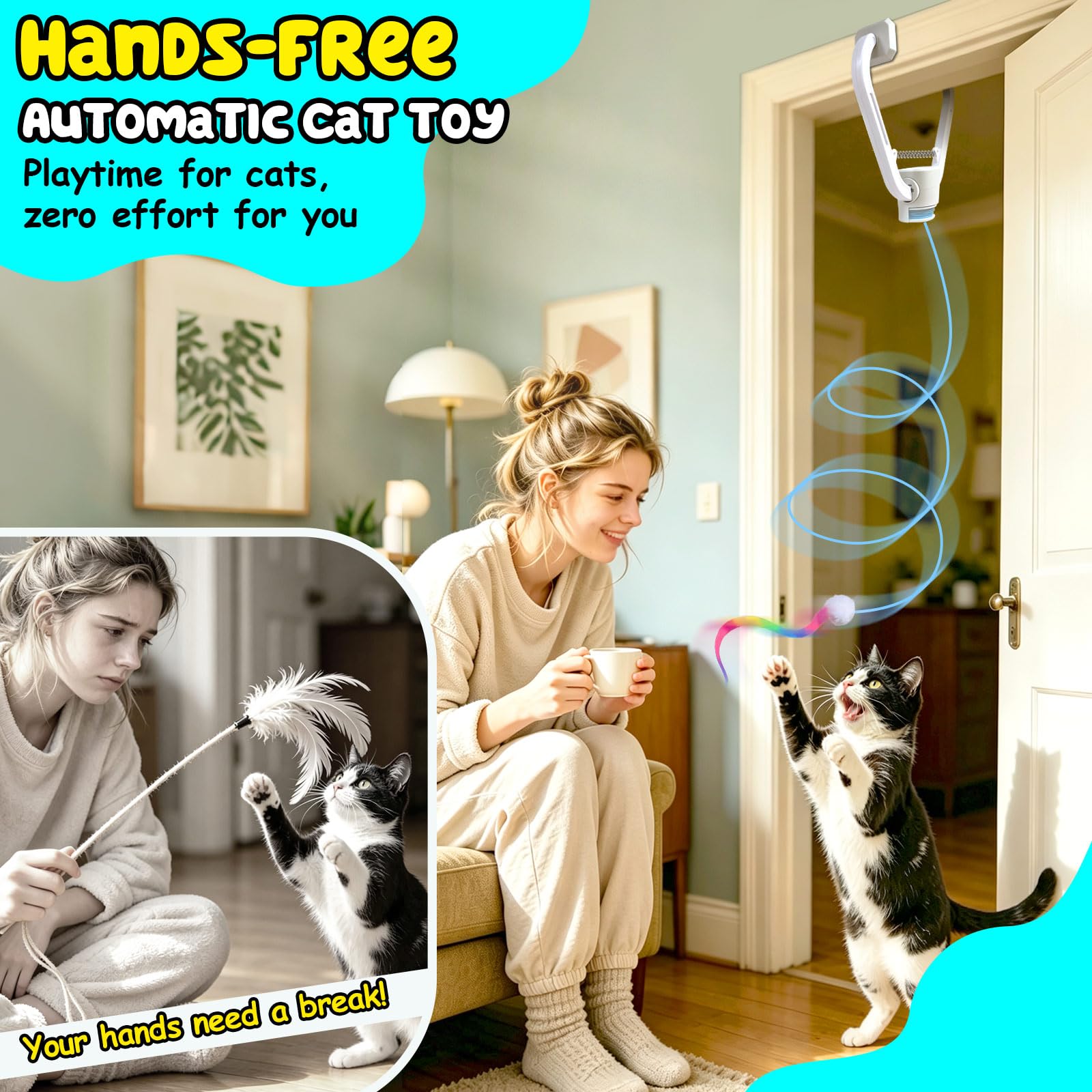 Interactive Cat Toy, Flapping Bird & Rotating Feather Teaser for Indoor Cats, Hanging Doorway Cat Toys with Fishing Pole for Exercise, Boredom Relief & Fun Games