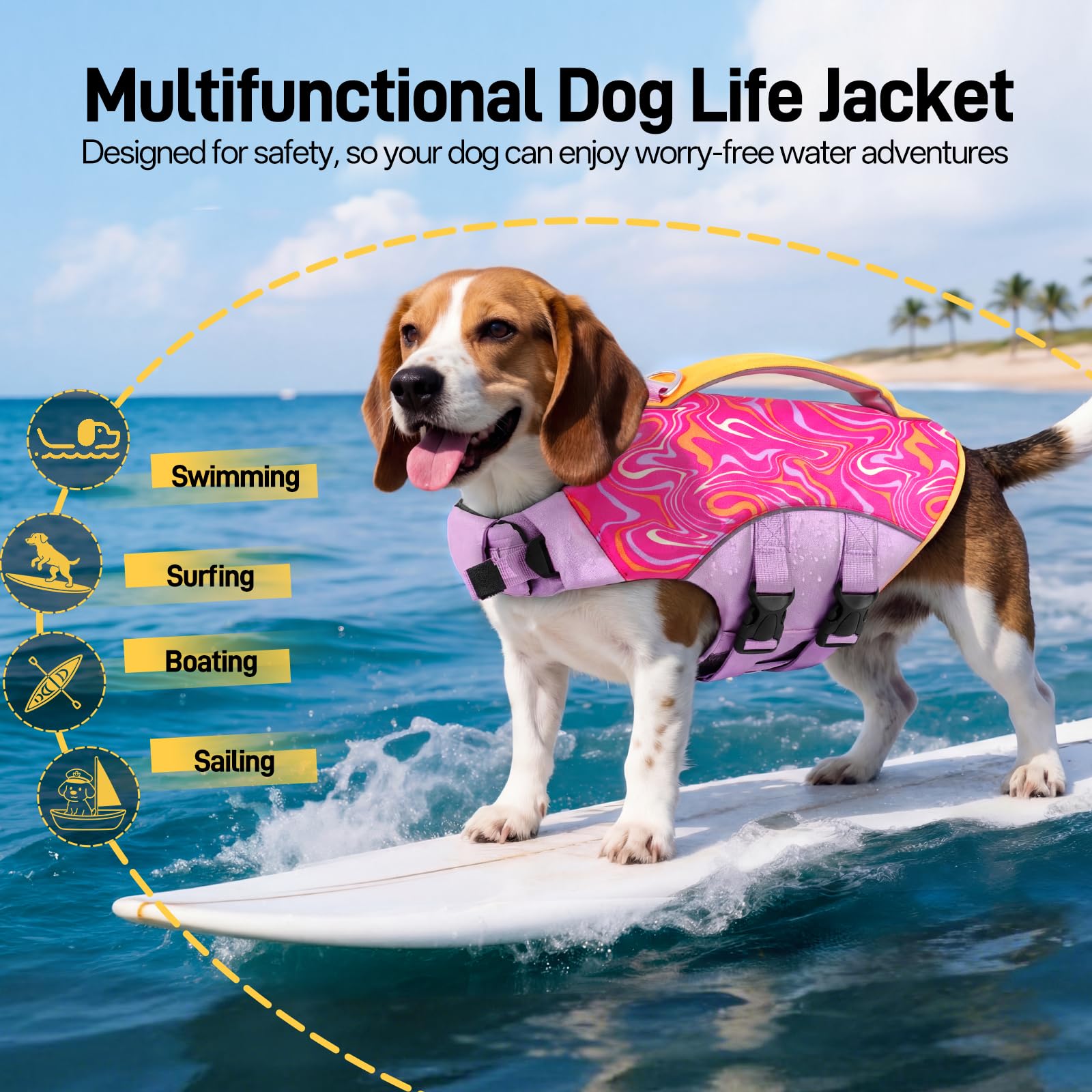 BRKURLEG Dog Life Jacket, High Buoyancy Dog Life Vest for Swimming Boating, Adjustable Reflective Pet Flotation Vest with Rescue Handle, Small Medium Large Dogs Lifesaver for Pool Beach, Purple XS