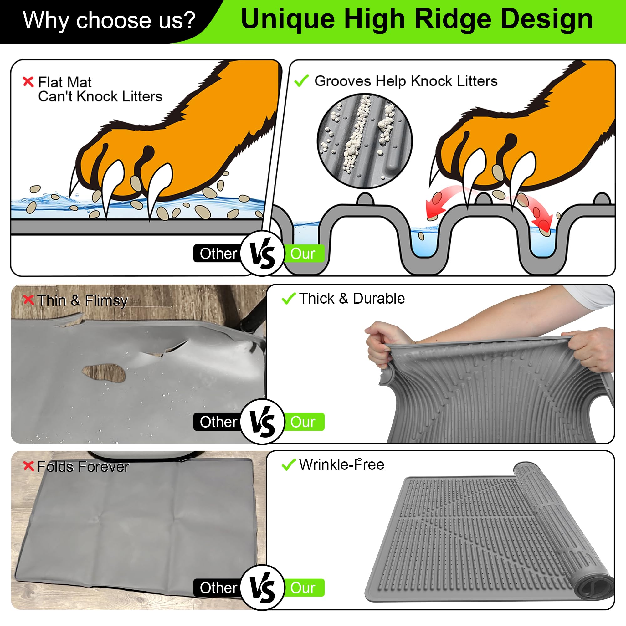 Mofason Rubber Large Cat Litter Mat, Grey Silicone Kitty Cat Litter Box Mat